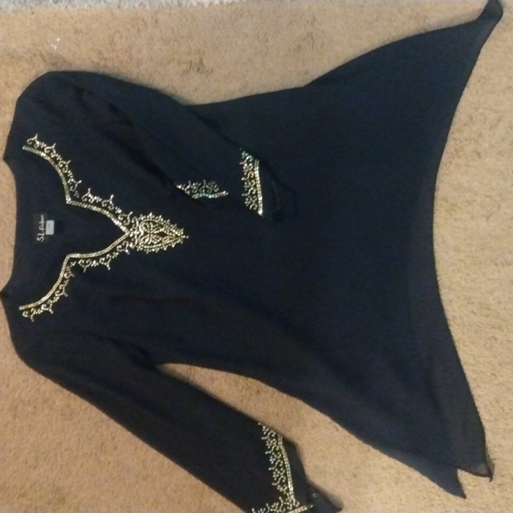 Dark Navy Stylish S.L. Fashions Beaded Flowing Layered Top